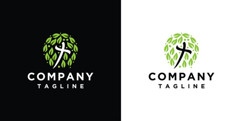 Christian Cross Church logo design vector illustration. cross logo with leaves around it	