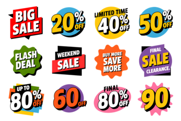 Twelve colorful sale and discount promotional badges with text offer