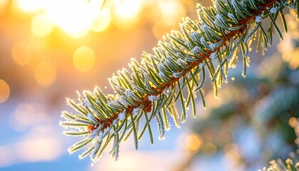 Frosted Pine Branches Glowing in Golden Morning Light – Cozy Winter Nature Macro Photography with Warm Bokeh and Festive Atmosphere
