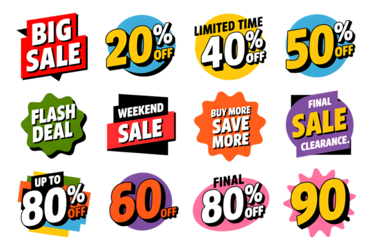 Twelve colorful sale and discount promotional badges with text offer