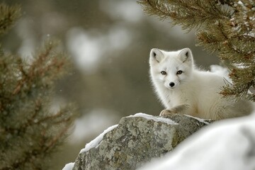 Small white fox rests on a snowy rock sheltered by evergreen branches