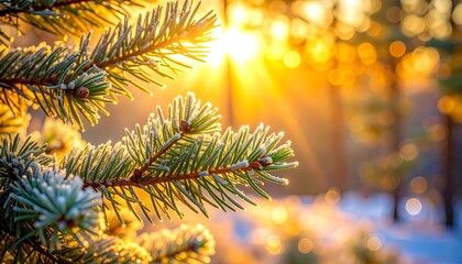 Frosted Pine Branches Glowing in Golden Morning Light – Cozy Winter Nature Macro Photography with Warm Bokeh and Festive Atmosphere
