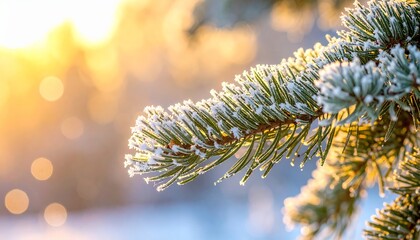 Frosted Pine Branches Glowing in Golden Morning Light – Cozy Winter Nature Macro Photography with Warm Bokeh and Festive Atmosphere
