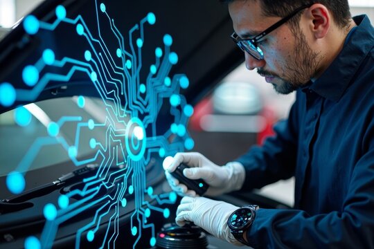 Mechanic using advanced diagnostic tools to troubleshoot car electronics with futuristic digital overlay