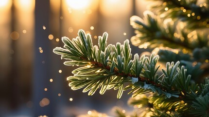 Frosted Pine Branches Glowing in Golden Morning Light – Cozy Winter Nature Macro Photography with Warm Bokeh and Festive Atmosphere
