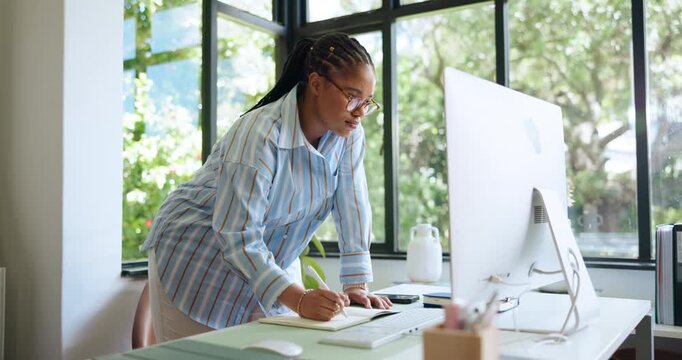 African woman, writing and computer at house for planning, story ideas and research notes. Person, book and freelancer with pc for schedule update, interview appointment and reminder for publication