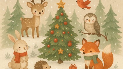 Obraz premium Charming woodland animals celebrate Christmas desktop wallpaper