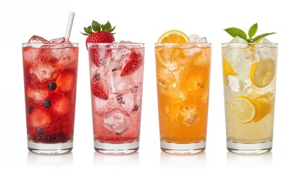 Four colorful fruit beverages with ice and garnishes in transparent glasses.