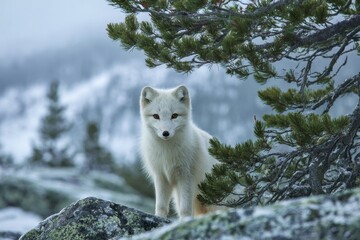 White fox pauses on snowy terrain partially concealed by evergreen branches