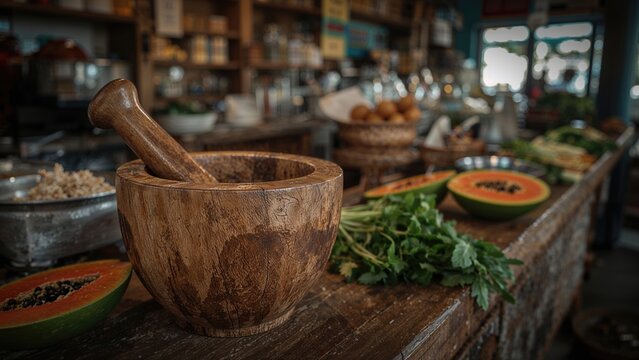 Wooden mortar and pestle on a rustic kitchen counter with fresh herbs and fruits, creating a natural culinary setting. - Powered by Adobe