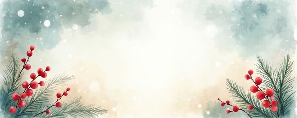 Watercolor winter background shows red berries on branches. Abstract festive art banner with light blue. Christmas nature decorative design for header. Seasonal xmas template illustration with copy