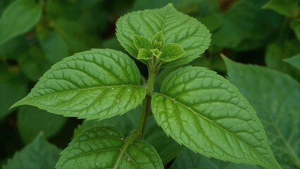 Fototapeta premium Healthy green leaves and young plant growth, close-up of a plant with textured leaves.