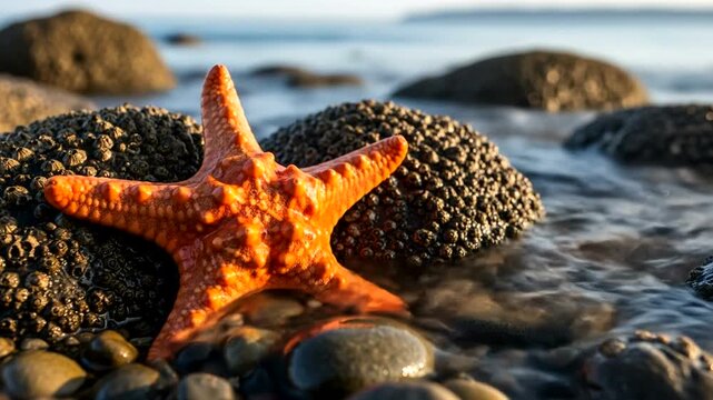 Orange Starfish Resting on a Pebble Beach with Gentle Waves.