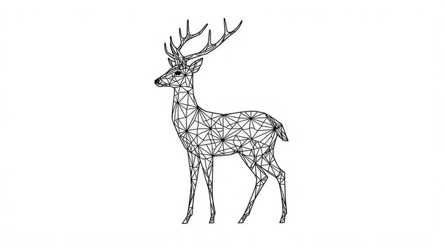 Geometric polygonal deer illustration in black and white line art, abstract triangular style standing stag design for coloring pages, tattoo concepts, modern wildlife graphics and minimalist decor
