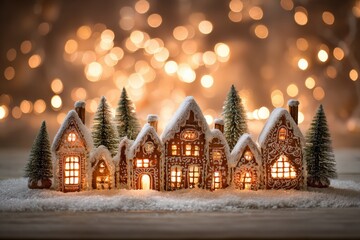 Fototapeta premium Illuminated edible houses and miniature evergreen trees sit on a snowy surface against a bokeh background
