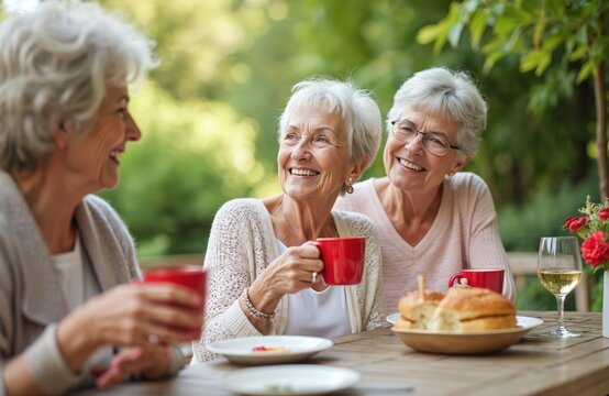 Three senior women friends enjoy lunch outside at a table. They drink coffee or tea, laugh, and talk happily together in a relaxed, natural setting in good company.