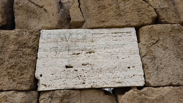 Rome, Italy – 11 January 2025. Marble inscription from the Tomb of a Consul in Parco del Celio, mentioning Servius Sulpicius Galba and the year 608 AUC.