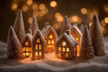 Fototapeta premium Illuminated miniature village scene features cozy edible dwellings surrounded by frosted pine trees in soft light