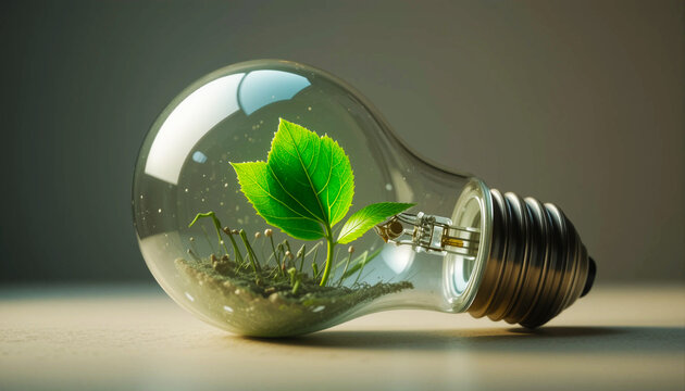 Green sprout growing inside a clear light bulb symbolizing eco friendly ideas