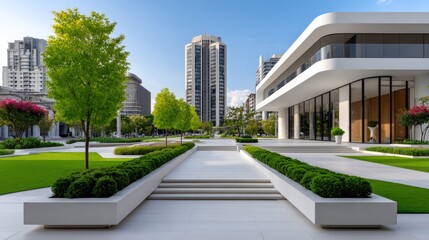Wide Shot of Futuristic Urban Plaza with Integrated Greenery, Soft Pastel Light, Minimal Architecture, Clean Composition for Stock