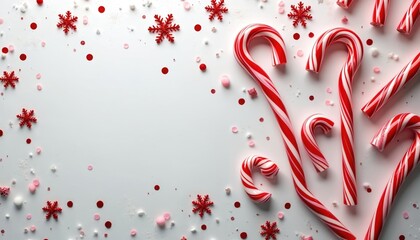 Candy canes and snowflakes are scattered on background. Festive mood for Christmas and New Year celebration. Sweet xmas caramel candy canes with red decor. Confectionery shop winter concept.