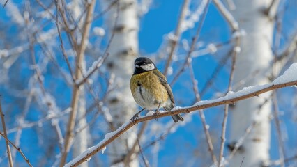 Obraz premium A small bird perched on a snow-covered branch amidst winter trees.