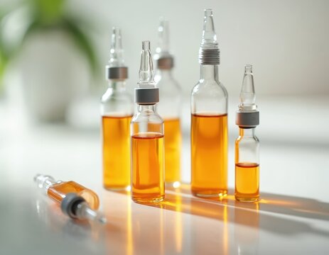 Vitamin B12 injections in glass ampoules. Liquid medication with bright orange color. Pharmaceutical product in laboratory. Medical treatment for health issues. Healthcare and wellness concept.