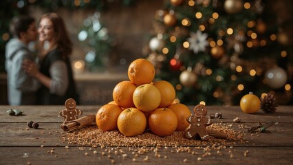 A festive scene with a pyramid of oranges, gingerbread cookies, and holiday decorations, with a couple celebrating in front of a Christmas tree.