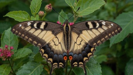 Colorful butterfly with black, yellow, and orange markings resting on green leaves, surrounded by pink flowers.