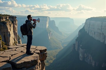 Man on Cliff Edge with Megaphone, Voice Reverberating Across the Vast Landscape