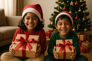 Joyful children with Christmas gifts