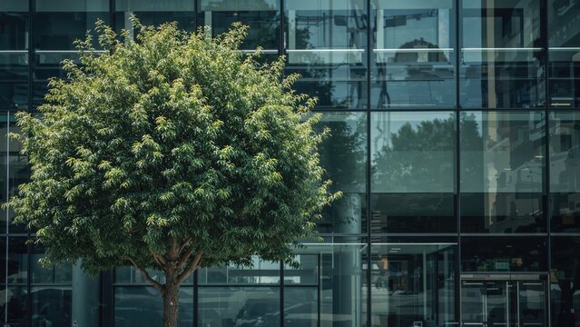 A tree in front of a modern glass building with reflective surfaces. - Powered by Adobe