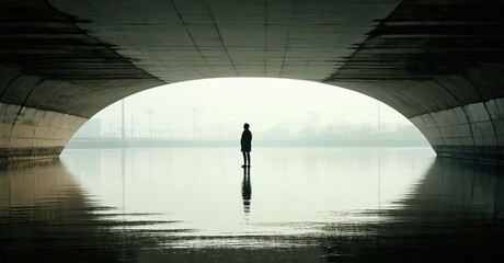 Fototapeta premium Lone figure stands beneath bridge, water reflecting light. Somber mood, minimalist composition, quiet contemplation.