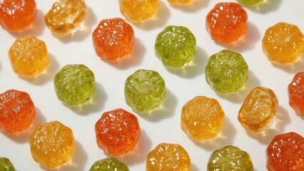 Colorful gummy candies in orange, green, and yellow scattered on a white surface.