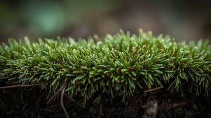 Close-up of green moss growing on forest floor. Nature, plants, and green environment. The concept of growth and ecology.