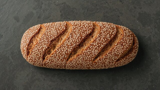 Fresh sesame seed bread loaf on a dark surface. - Powered by Adobe