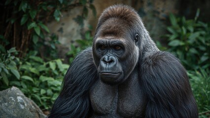Fototapeta premium A gorilla in a natural habitat with dense greenery and rocks.