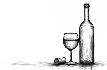 Black white hand drawn sketch shows wine bottle, glass with liquid, and cork. Simple graphic design for restaurant menu, bar, beverage, party or celebration. Perfect for cafe, drink, alcohol concept.