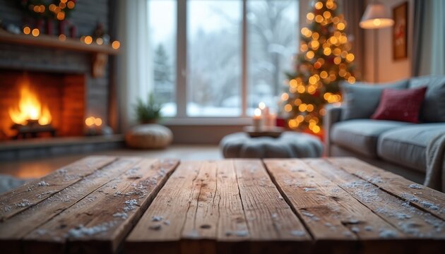 Cozy winter scene shows rustic wood table with blurred fireplace and Christmas tree. Warm room with sofa offers comfortable seasonal holiday spirit. Snowy forest behind the window shows winter mood.