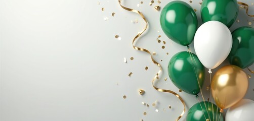 Group of green white and gold balloons floating with gold streamers and confetti against a light grey background. Festive celebration party atmosphere for special events and holidays.