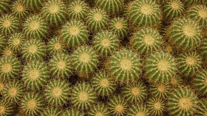 Fototapeta premium Cluster of green cacti with yellow spines, densely packed together.