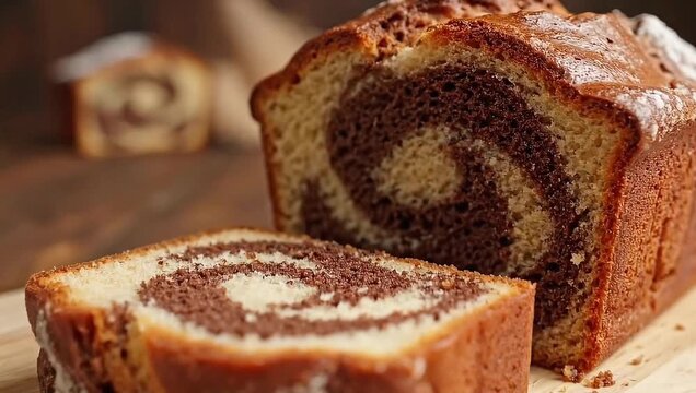 Delicious marbled cake slice presented invitingly on wooden board, perfect for baking or culinary content