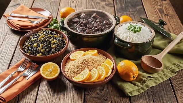 Hearty feijoada stew simmers with tender meats and beans, a comforting taste of Brazilian tradition served steaming hot.