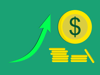 Financial growth illustration with rising arrow, gold coins, and dollar symbol. Modern economic concept graphic for investment, business, and money management themes.