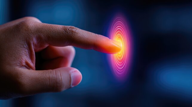 Close-up of hand touching glowing AI control panel, smooth interface, serene atmosphere, minimal design