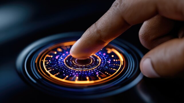 Close-up of hand touching glowing AI control panel, smooth interface, serene atmosphere, minimal design