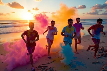 Friends participating in a colorful powder paint run on a beach at sunset captured from above.