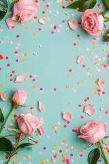 A festive turquoise background featuring pink roses and colorful confetti scattered around the borders with central copy space for party invitations or greeting cards.