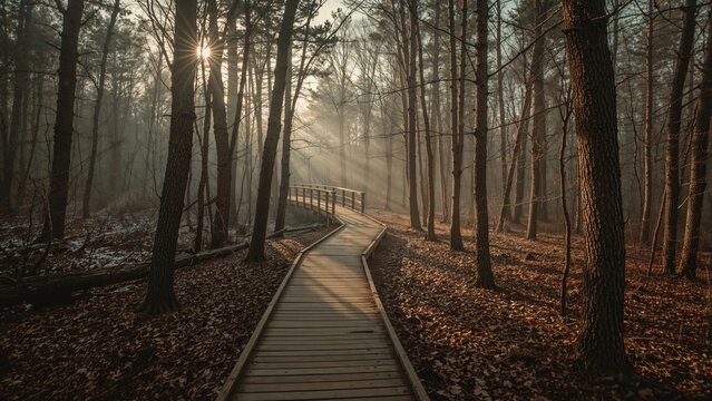 Wooden pathway through forest with sunlight filtering, peaceful natural scenery, nature walk, trail, trees, and autumn leaves.