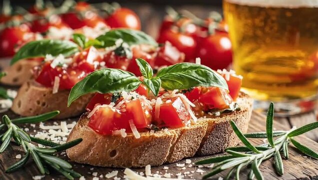 Fresh bruschetta topped with ripe tomatoes, basil, and cheese, served with a refreshing beer